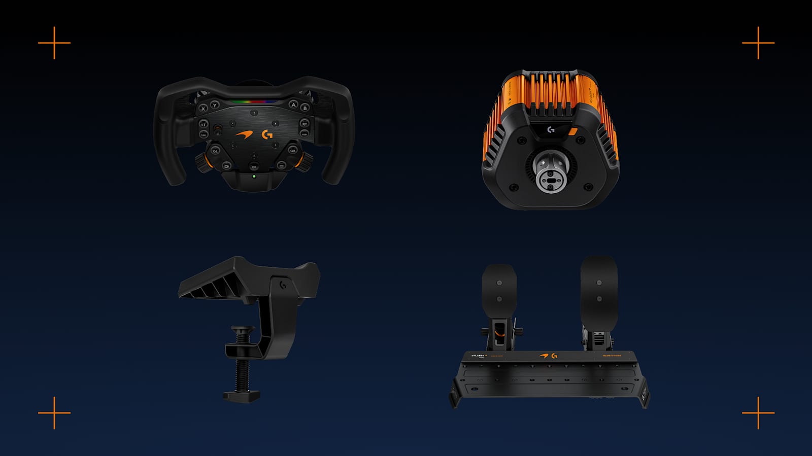 Le contenu du RS50 McLaren Racing Bundle : volant RS Formula, base RS50, pince de table et pédalier RS Pedals