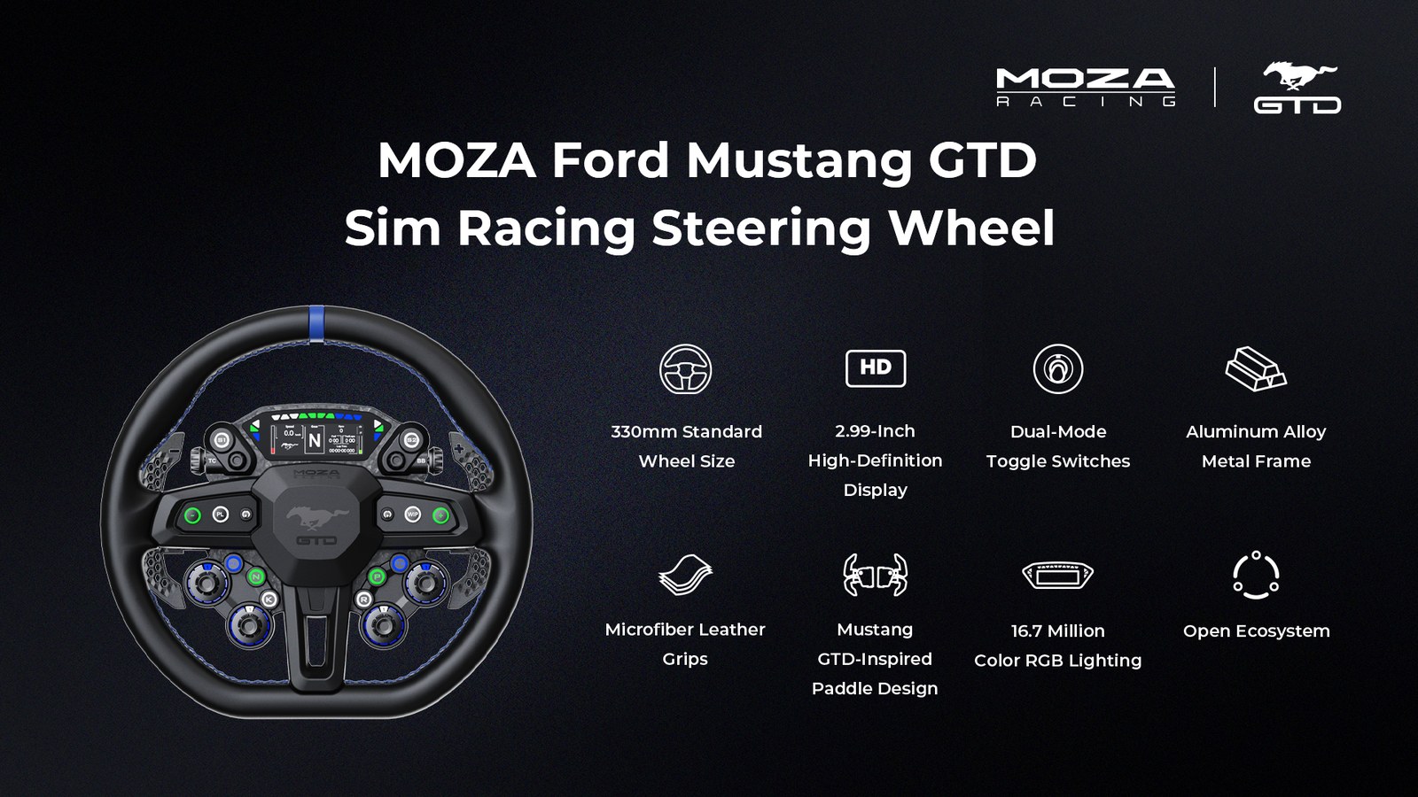 A MOZA Ford Mustang GTD kormánykerék elölről nézve, főbb jellemzőivel