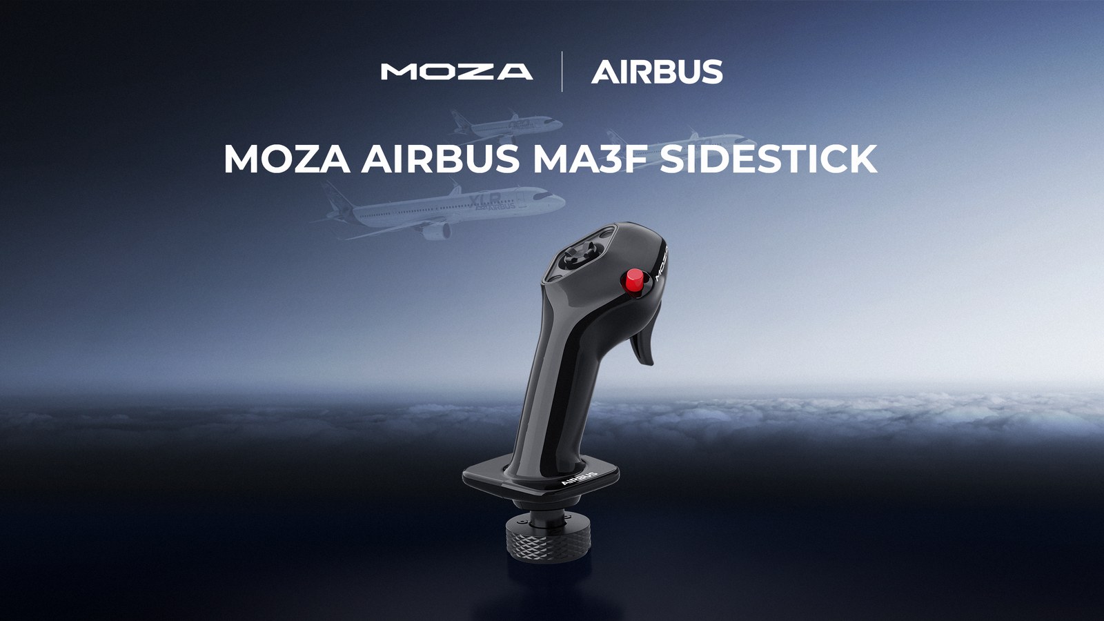 A MOZA AIRBUS MA3F oldalszabályzó háromnegyed profilból, égbolton háttérrel