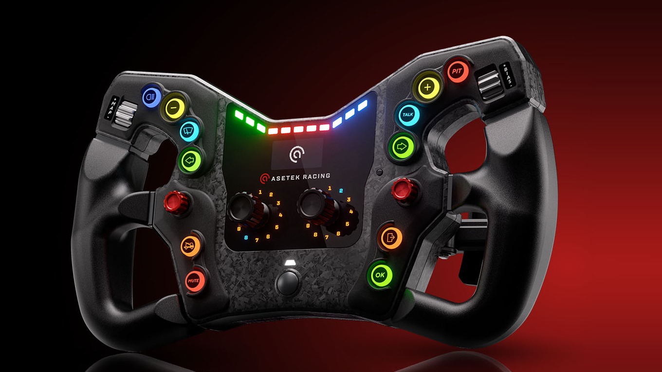 Le volant Asetek GT Nova sur fond rouge et noir, avec ses boutons lumineux et sa barre de LED
