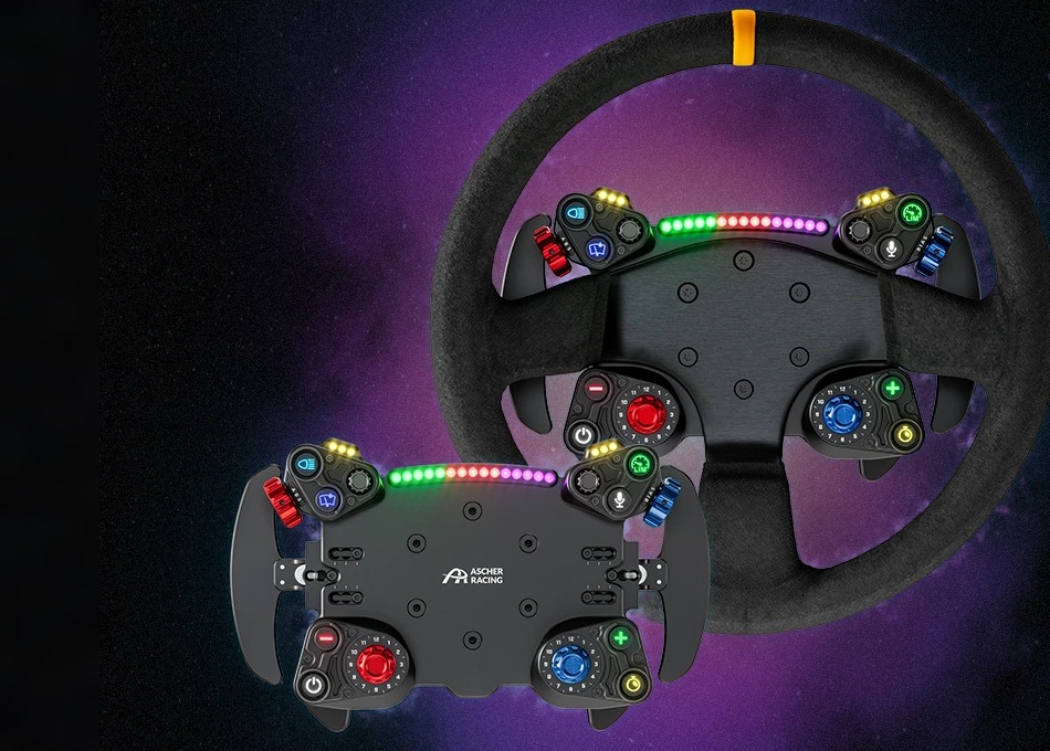 Le volant Ascher Racing AURA GT 32R et la platine AURA GT Base, sur fond sombre